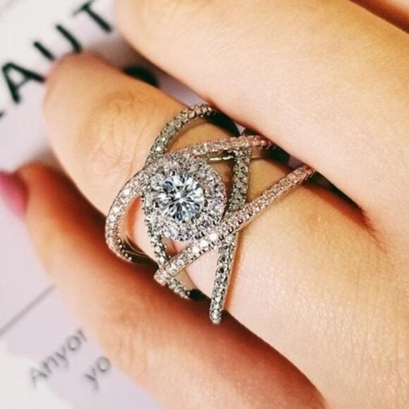 TWISTED 925 STERLING SILVER DIAMOND RING, CUTE RING, SHINY RING.